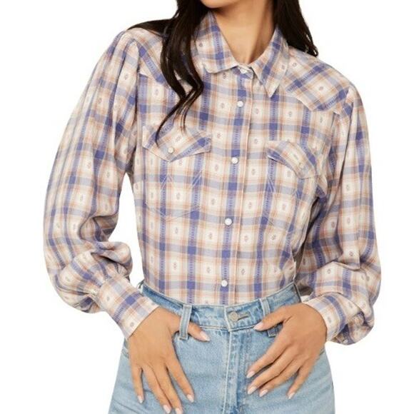 Wrangler Plaid Western Shirt Large Pearl Snap Balloon Sleeve Boho Indie Cowgirl - Picture 1 of 10